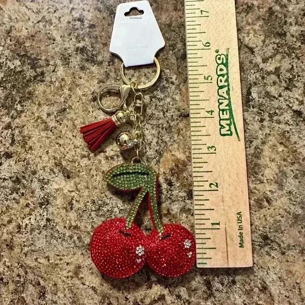 NWT Red Cherry Bag Charm or Keychain Ring Stainless Steel Flat Gem Cherries…